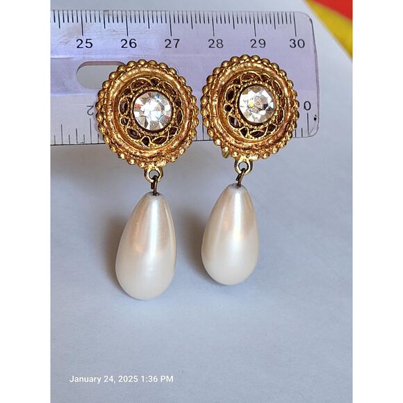 Pearl Diamond Gold Earrings Vintage Signed Designer Maxine Denker Clip-On - Picture 1 of 9